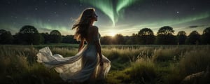 A young tanned woman with beautiful luscious long hair in her 20s wearing a flowing, thin, silver dress lays sensually in a lush field of tall lush green grass, her silhouette gently illuminated by the faint aurora in the night sky.  She is wearing a thin necklace that sways in the wind. The night sky ablaze with the aurora, casting a warm glow on her porcelain skin. Tiny sparks of light dance across the frame, infusing the atmosphere with enchantment. The grass sways softly, creating a hypnotic pattern of movement and light that draws the viewer's eye. far back view, hourglass figure, slender arms and legs