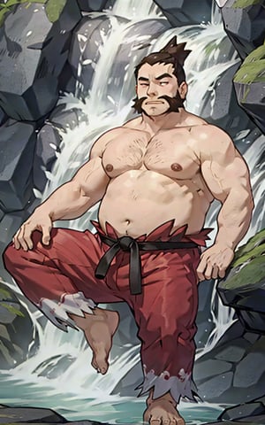 Chuck gym leader,1male,barefoot,,(chubby:0.5),takigyo,Meditating in a waterfall,masterpiece,best quality,Super detailed, high-res