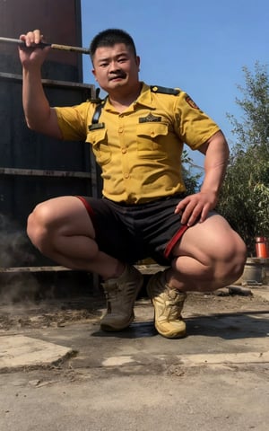 Xiaotianquan,solo,fire fighter,squat