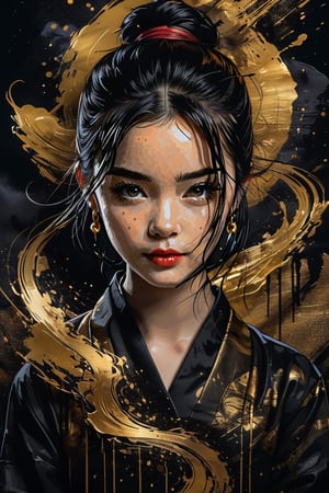 masterpiece, high quality photo, cool tone, (black simple background), colorful cute-girl carved on gold, (wide shot), unpleasant look, drtailed face,INK,ink