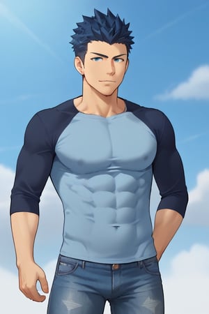 1Guy, muscle, defined eyes, symmetrical eyes, amazing quality, best aesthetic, blue spiky hair, shirt white, jeans, focus on face, blue dark eyes, solo, 
,Naoto