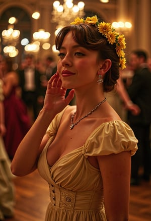 In the midst of a crownded regency-era dancefloor, stands a beautiful girl, making eye contact, looking to the viewer with a friendly warm smile, playing with her hair and her necklace, shy and flirty. She is wearing an elegant cream dress and her hair has yellow flowers all throughout her hairstyle. The scene focuses on the girl, with the rest of the crown a blur. cinematic, alluring, and elegant. The scene is romantically lit with warm hues, Midjourney_Whisper,sw33ny