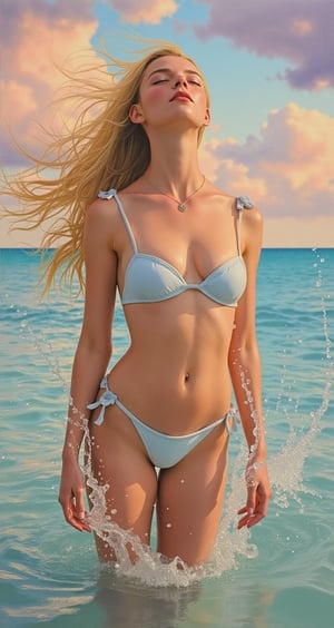 Masterpiece, Professional, Top Quality, High Resolution, High Detail, Perfect Details, Masterpiece, Best Quality, (Best Illustration of a Fusion of Oil Paintings and Watercolor Pastels), (Best Shading) A beautiful and charming figure of Britain in the sea The woman in a bikini tilts her head back, her beautiful golden silk hair flutters in the wind. The water droplets thrown out form a rainbow of light due to the sunlight. The beautiful hair and the wind form a beautiful arc. When her hair is wet, only With your feet in the water, the sky is filled with colorful clouds at dusk and sunset, with long and disheveled hair, splashing and dripping, Rococo art.,Glass,