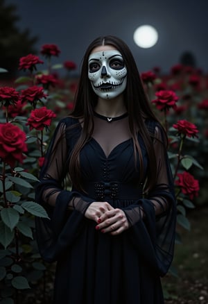 A Halloween theme photo,inside a dark  Rose flower garden background, a lady with a mysterious mask wearing a dark dress, moonlight,hd image,ANYAJT