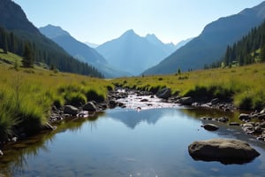 nature photography of a small stream in rural montana, with gorgeous mountain ranges as the backdrop, reflecting on the clear gentle waters.