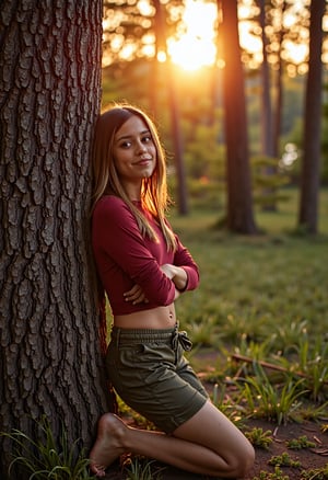 A young woman is resting against the trunk of a large tree, in the middle of the great lakes national park. She is wearing olive colored shorts and a red top. In the background, the forest is illuminated by the rising dawn sunlight, creating an enchanting and beautiful scene. j3nnaort3ga