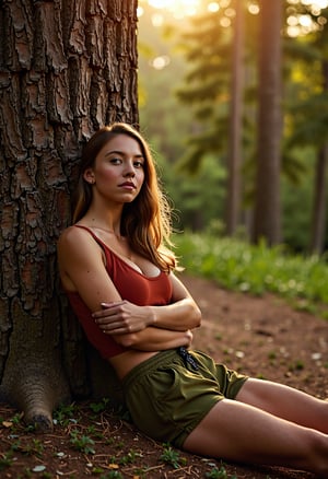 A young woman is resting against the trunk of a large tree, in the middle of the great lakes national park. She is wearing olive colored shorts and a red top. In the background, the forest is illuminated by the rising dawn sunlight, creating an enchanting and beautiful scene.