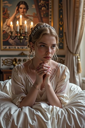 A beautiful girllaying on her front on a soft bed in a bedroom in ancient rome, with the room lit with many candles. She is wearing a silver tiara, and a delicate gown made from simple white cloth. The room is decorated with painted fresco walls, and soft sheer curtains cascading down from the ceiling.,3mr4