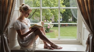 a young woman sitting on a window sill, reading a book. She is wearing a light muslin gown, and bends one knee, showing her leg. Barefoot and comfortable. The window overlooks a beautiful english manor garden.,3mr4