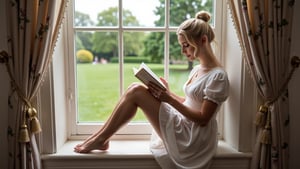 a young woman sitting on a window sill, reading a book. She is wearing a light muslin gown, and bends one knee, showing her leg. Barefoot and comfortable. The window overlooks a beautiful english manor garden.,3mr4