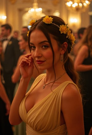 In the midst of a crownded regency-era dancefloor, stands a beautiful girl, making eye contact, looking to the viewer with a friendly warm smile, playing with her hair and her necklace, shy and flirty. She is wearing an elegant cream dress and her hair has yellow flowers all throughout her hairstyle. The scene focuses on the girl, with the rest of the crown a blur. cinematic, alluring, and elegant. The scene is romantically lit with warm hues, Midjourney_Whisper,sw33ny