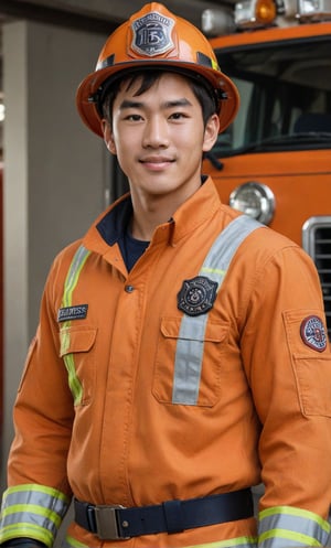 High impact face features, A majestic, 4K masterpiece captures the confident essence of a 15-year-old actor features Japanese firefighter. Ultra-realistic rendering showcases his slender physique in fit firefighter orange uniform, perfect proportions, and body hair. Dewy, a smile and healthy lips complete the portrait. Arms veins. He proudly wears a Japanese firefighter's uniform, fit uniform, set against the vibrant office. Authoritative presence exudes from every frame, full-body, full-body image 
