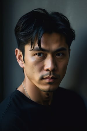(((Japanese Man short black hair, light but extremely handsome)))  
(((view aerial)))  
(((chiaroscuro darkness light colors background)))  
(((masterpiece, minimalist, epic, hyperrealistic)))  
(((Monochrome light solid colors)))  
(((Gorgeous, muscular, sophisticated)))  
(((by Diane Arbus style, by Caravaggio style))) (((perfect eyes)))