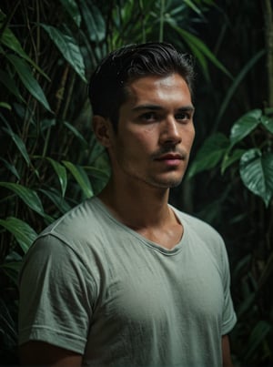 Masterpiece, realistic, lifelike, 1man, side part hairstyle, standing tall at the lush foliage of a dense jungle at night. In medium shot, his face is illuminated by a soft, glistening oiled skin,cinematic glow, The darkness surrounding him , intimate atmosphere, glistening oiled skin,  cinematic pose, shaped,  glowing skin, wearing shirt, ,scenery