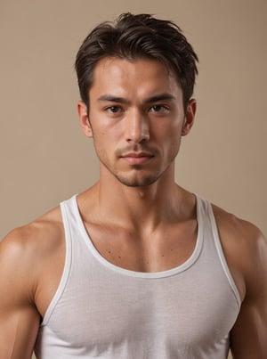 A sultry masculinity embodied in an Americano shot portrait: A rugged Japanese man with piercing dome eyes, short hair, and chiseled physique glistens with sweat, radiating health after an intense workout. He stands tall, wearing a fitted white tank top that accentuates his impressively chiseled muscles. Sharp focus and flat colors emphasize the textured oiled skin as he strikes a provocative pose, exuding confidence and masculinity.