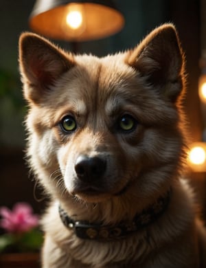 looking at viewer, green eyes, flower in vase backdrop , indoors, hmong dog, realistic, lamp, animal focus, lifelike image, extremely realistic ,hyper realistic picture ,  chapped lips, textured skin, realistic features,mimic a 85mm lens Sony Lens, f3. 6, bokeh, sharp focus, professional photography, warm lighting, soft lights, realistic dark blue eyes, Vietnam hmong beardog