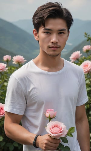 solo, looking at viewer, short hair, black hair, 1boy, white shirt, upper body, sae of flower,short sleeves, male focus, outdoors, an endless deep horizon background, blurry, black eyes, blurry background, rose, facial hair, t-shirt, pink flower, bouquet, realistic, pink rose,Handsome  Taiwanese, held roses in him arms, be sure he hand position is had a clear space between hand,veropa