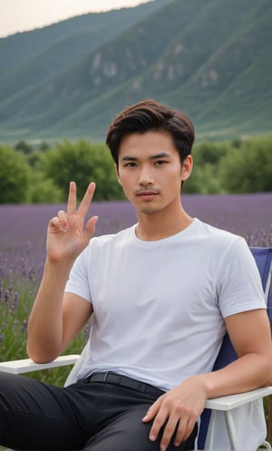 solo, looking at viewer, short hair, black hair, 1boy, white shirt, upper body, sae of flower,short sleeves, male focus, an endless deep horizon background, black eyes, lavender, facial hair, realistic Lavender, lavender,Handsome Taiwanese, 

Sit next coffee cup on camping chair with smart pose against the Lavender field backdrop,black pants,

(((High-impact point: performance detailed of fingers ))), fingers, hand fingers ,perfect finger