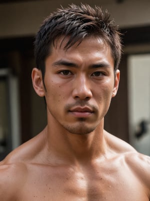 Sultry masculinity embodied: A rugged Japanese man with piercing dome eyes, short hair, and chiseled physique glistens with sweat, radiating health after a intense workout. In an Americano shot portrait, flat colors and sharp focus highlight his impressively chiseled muscles, oiled skin, and alluring texture as he strikes a provocative pose.