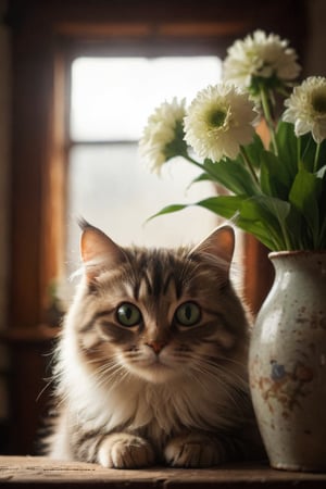 looking at viewer, green eyes, flower next subject, indoors, blurry, no humans, animal, siberian cat, realistic, lamp, animal focus, vase, whiskers