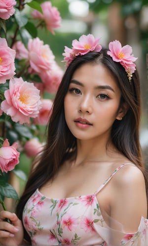 A solo Thai girl, with long black hair framing her face, looks directly at the viewer from outdoors. She wears a soft pink dress with rose pattern, showcasing her toned upper body. A bouquet of pink flowers, including a prominent pink rose is held delicately in her hands, with a clear space between each hand. Her facial features are accentuated by black eyes and subtle facial hair. The blurred background and focused pink flower in the foreground create a dreamy atmosphere, drawing attention to her captivating gaze,thgirl, high-impact strictly eyes 