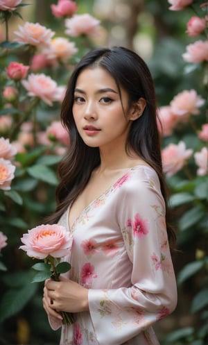 A solo Thai girl, with long black hair framing her face, looks directly at the viewer from outdoors. She wears a soft pink dress with rose pattern, showcasing her toned upper body. A bouquet of pink flowers, including a prominent pink rose is held delicately in her hands, with a clear space between each hand. Her facial features are accentuated by black eyes and subtle facial hair. The blurred background and focused pink flower in the foreground create a dreamy atmosphere, drawing attention to her captivating gaze,thgirl, high-impact strictly eyes ,astronaut_flowers