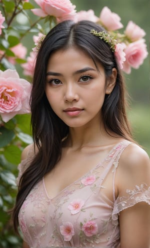 A solo Thai girl, with long black hair framing her face, looks directly at the viewer from outdoors. She wears a soft pink see-through dress with rose pattern, showcasing her toned upper body. A bouquet of pink flowers, including a prominent pink rose is held delicately in her hands, with a clear space between each hand. Her facial features are accentuated by black eyes and subtle facial hair. The blurred background and focused pink flower in the foreground create a dreamy atmosphere, drawing attention to her captivating gaze.