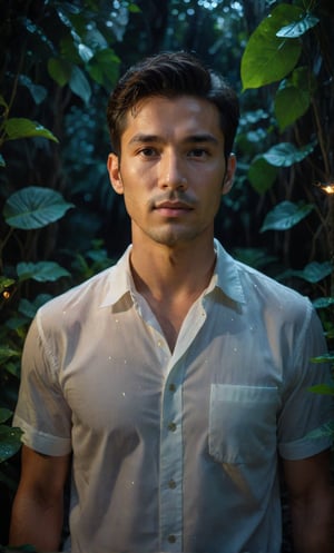 Masterpiece, realistic, lifelike, 1 man, side part hairstyle, standing tall in the lush foliage of a dense jungle at night. In medium shot, his face is illuminated by a soft, glistening, alluring light highlighting his features. The darkness surrounds him, he is wearing a shirt, the night scenery is vivid. It is nighttime, but the model is brightly illuminated. There are lots of fireflies flying around, sparkling brightly, shining bright fireflies, casting a sparkling light on the backdrop. Middle contrast, dynamic face, strict facial features, sharp face.
