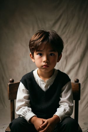A young asia boy sits solo, gazing directly at the viewer with an introspective expression. The simple background allows his striking features to take center stage. His brown hair is neatly styled, and he wears a crisp white shirt underneath a long-sleeved black sweater. Black pants and boots complete his outfit, with a subtle nod to his individuality. The chair provides a cozy seating arrangement, framing the boy's figure as he sits comfortably in thought.