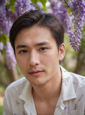 Handsome young man with Korean features, 29 years old, posing in a Wisteria tree, showcasing his physique on 2 pieces unbuttoned shirt, His cheeky, alluring sunlight passes through the gaps in the trees. highlighting his healthy lips,  The Wisteria in front of the model is blurred and has a beautiful softness foreground, sharp men, emphasizing upper body details and strict facial features, Candid Shots captured , focus men,dewy and glistening oiled skin, dramatic face, pointy_teeth, smail,upper_body photography ,Extremely Realistic,sharp:1.4, grisp:1.5,shadow:0.8