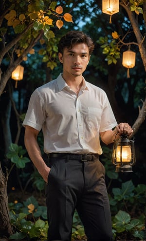 solo, looking at viewer, shirt, black hair, 1boy, holding, white shirt, male focus, outdoors, collared shirt, pants, tree, facial hair, leaf, plant, lantern, realistic, lamp, holding lantern, strict facial features, score_8_up, score_7_up, score_6_up, score_5_up, High-quality detailing, 4K resolution captures,  night deep darkness surrounding him 