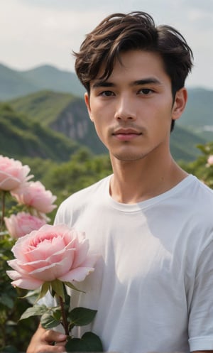 solo, looking at viewer, short hair, black hair, 1boy, white shirt, upper body, sae of flower,short sleeves, male focus, outdoors, an endless deep horizon background, blurry, black eyes, blurry background, rose, facial hair, t-shirt, pink flower, bouquet, realistic, pink rose,Handsome  Taiwanese, held roses in him arms, be sure he hand position is had a clear space between hand,island,veropeso,veropa