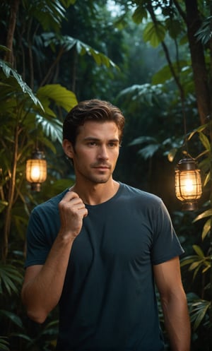 Masterpiece, realistic, lifelike, 1man, side part hairstyle, standing tall at the lush foliage of a dense jungle at night. In medium shot, his face is illuminated by a soft, glistening backdrop, alluring light highlighted his face, The darkness surrounding him , wearing shirt cover t-shirt, scenery, bark night , (( a lot of firefly flying )), (( illuminate )),shining a sparkle light on backdrop, , dynamic pose, lanterns holding next him,(( current Hand fingers)), (( current fingers)),(( high-impact strictly fingers)), (( strict facial features)), (( sharp face))