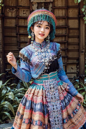 A stunning Hmong Thai girl, poses confidently in her vibrant traditional attire. The intricately embroidered jacket and flowing skirt are a kaleidoscope of colors, with golden threads shining like miniature suns. Her bright smile and piercing eyes sparkle under the warm sunlight, which casts a gentle glow on the lush green surroundings.

( high-impact strictly Hmong outfit ), (( white hmong outfit))