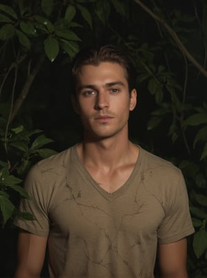 Masterpiece, realistic, lifelike, 1man, side part hairstyle, standing tall at the lush foliage of a dense jungle at night. In medium shot, his face is illuminate by a soft light, glossy oiled skin,cinematic glow, The darkness surrounding him , intimate atmosphere, glistening oiled skin,  , shaped,  glowing skin, wearing shirt, ,scenery, bark night ,thick_vine_bondage,lghtshft_lora