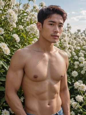 emphasis focal point photography, Handsome young man with Thai features, 29 years old, posing in a vast white  flowers field against an endless blue sky horizon. He stands strong, showcasing his toned physique and six-pack abs. His cheeky, mischievous expression is lit by the alluring sunlight, highlighting his healthy lips. Sony A7III captures the scene with precision using the  TTArtisan 100mm F2.8  Soft Bokeh Lens Full Frame ,Wide-Angle,Eye level perspective,emphasizing upper body details and strict facial features,high-impact strictly face detail, lifelike person, extremely realistic, blurred foreground  enhancement ,(Create detailed and sharp lips)
