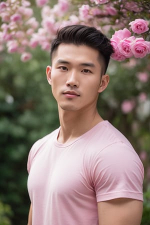 evelyn roses, garden,tall as he waist,
Young chinese man stands tall and smelling the evelyn rose, his muscular in soft pink t-shirt. He is holding a bouquet of flowers wrapped in paper. His striking eyes, lock intensely camera, while full and pink lips,Stubble,blonde hair, dynamic pose ,Bokeh by F1.4 Lens,soft bokeh bulr, man and woman 