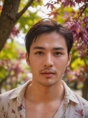 Handsome young man with Korean features, 29 years old, posing in a Japanese  red maple tree, showcasing his physique on 2 pieces unbuttoned shirt, His cheeky, alluring sunlight passes through the gaps in the trees. highlighting his healthy lips,  The Wisteria in front of the model is blurred and has a beautiful softness foreground, sharp men, emphasizing upper body details and strict facial features, Candid Shots captured , focus men,dewy and glistening oiled skin, dramatic face, pointy_teeth, smail,upper_body photography ,Extremely Realistic,sharp:1.4, grisp:1.5,shadow:0.8, Sharp, detailed lips on both the upper and lower sides and clearly visible teeth.