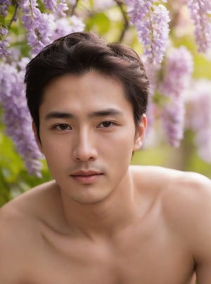 Handsome young man with Korean features, 29 years old, posing in a Wisteria tree, showcasing his physique on 2 pieces unbuttoned shirt, His cheeky, alluring sunlight passes through the gaps in the trees. highlighting his healthy lips,  The Wisteria in front of the model is blurred and has a beautiful softness foreground, sharp men, emphasizing upper body details and strict facial features, Candid Shots captured , focus men,dewy and glistening oiled skin, dramatic face, pointy_teeth, smail,upper_body photography 