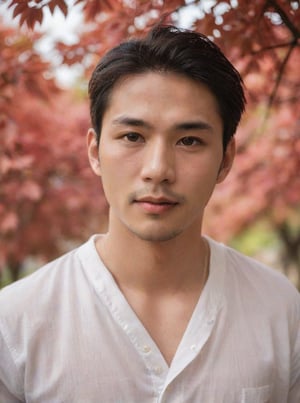 Handsome young man with Korean features, 29 years old, posing in a Japanese  red maple tree, showcasing his physique on 2 pieces unbuttoned shirt, stubble, His cheeky, alluring sunlight passes through the gaps in the trees. highlighting his healthy lips,  The Wisteria in front of the model is blurred and has a beautiful softness foreground, sharp men, emphasizing upper body details and strict facial features, Candid Shots captured , focus men,dewy and glistening oiled skin, dramatic face, pointy_teeth, smail,upper_body photography ,Extremely Realistic,sharp:1.4, grisp:1.5,shadow:0.8