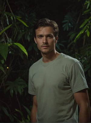 Masterpiece, realistic, lifelike, 1man, side part hairstyle, standing tall at the lush foliage of a dense jungle at night. In medium shot, his face is illuminated by a soft, glistening oiled skin,cinematic glow, The darkness surrounding him , intimate atmosphere, glistening oiled skin,  , shaped,  glowing skin, wearing shirt, ,scenery, bark night ,Classic lanterns and fireflies send out a twinkling light.