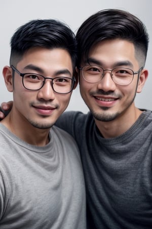 Asian man,handsome ,glasses ,stubble,upper body, muscle ,realistic , smile,undercut hairstyle, light_brown_eyes, 2guys,side by side, friendship,different hair style, different pose, without glasses 