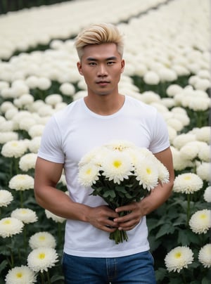 Against the vibrant backdrop of a multi rows of white chrysanthemums((( small size flowers.)as tall as he waist, a statuesque chinese man farmer stands tall, his muscular in white t-shirt. He is holding a bouquet of chrysanthemums wrapped in paper. His striking eyes, lock intensely camera, while full and pink lips,Stubble adds a rugged touch to his chiseled features. blonde hair, he exudes confidence in a dynamic pose that seems to defy gravity. The overall atmosphere is one of mystique and intensity. Bokeh by F1.4 Lens 