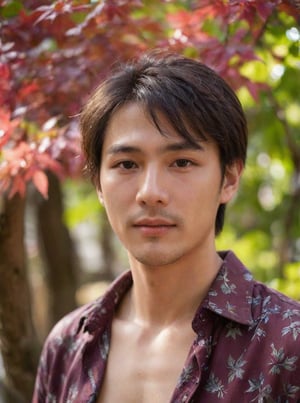 Handsome young man with Korean features, 29 years old, posing in a Japanese  red maple tree, showcasing his physique on 2 pieces unbuttoned shirt, His cheeky, alluring sunlight passes through the gaps in the trees. highlighting his healthy lips,  The Wisteria in front of the model is blurred and has a beautiful softness foreground, sharp men, emphasizing upper body details and strict facial features, Candid Shots captured , focus men,dewy and glistening oiled skin, dramatic face, pointy_teeth, smail,upper_body photography ,Extremely Realistic,sharp:1.4, grisp:1.5,shadow:0.8, Sharp, ((strictly lips on both the upper and lower sides and clearly visible teeth))