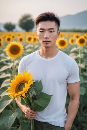 multi rows of sunflowers, tall as he waist,
Young chinese man stands tall and smelling the sunflower, his muscular in white t-shirt. He is holding a bouquet of flowers wrapped in paper. His striking eyes, lock intensely camera, while full and pink lips,Stubble,blonde hair, dynamic pose ,Bokeh by F1.4 Lens,soft bokeh bulr, man and woman 