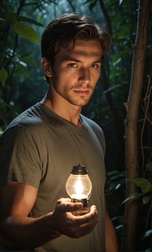 Masterpiece, realistic, lifelike, 1man, side part hairstyle, standing tall at the lush foliage of a dense jungle at night. In medium shot, his face is illuminated by a soft, glistening backdrop, alluring light highlighted his face, The darkness surrounding him , wearing shirt cover t-shirt, scenery, bark night , (( a lot of firefly flying )), (( illuminate )),shining a sparkle light on backdrop, , dynamic pose,  multiple lanterns holding next him,(( current Hand fingers)), (( current fingers)),(( high-impact strictly fingers)), (( strict facial features)), (( sharp face)),A torch is installed far the way, perfect  hands,  
