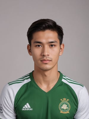 masterpiece, handsome details, perfect focus, 8K  resolution, exquisite texture in every detail, score_9_up

Thai  man , white and green soccer uniform, studio, cool look,  tight uniform 
