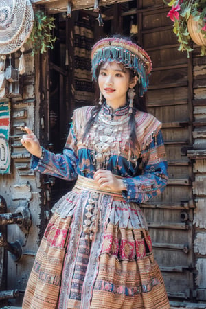 A stunning Hmong Thai girl, poses confidently in her vibrant traditional attire. The intricately embroidered jacket and flowing skirt are a kaleidoscope of colors, with golden threads shining like miniature suns. Her bright smile and piercing eyes sparkle under the warm sunlight, Doi-intanon,Thailand  .

( high-impact strictly Hmong outfit ), (( white hmong outfit))