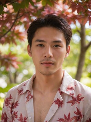 Handsome young man with Korean features, 29 years old, posing in a Japanese  red maple tree, showcasing his physique on 2 pieces unbuttoned shirt, His cheeky, alluring sunlight passes through the gaps in the trees. highlighting his healthy lips,  The Wisteria in front of the model is blurred and has a beautiful softness foreground, sharp men, emphasizing upper body details and strict facial features, Candid Shots captured , focus men,dewy and glistening oiled skin, dramatic face, pointy_teeth, smail,upper_body photography ,Extremely Realistic,sharp:1.4, grisp:1.5,shadow:0.8, Sharp, detailed lips on both the upper and lower sides and clearly visible teeth.
