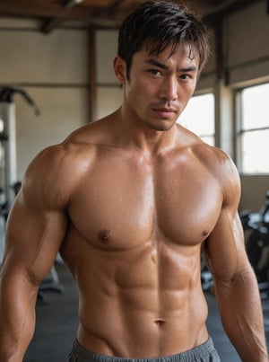 Sultry masculinity embodied: A rugged Japanese man with piercing dome eyes, short hair, and chiseled physique glistens with sweat, radiating health after a intense workout. In an Americano shot portrait, flat colors and sharp focus highlight his impressively chiseled muscles, oiled skin, and alluring texture as he strikes a provocative pose.